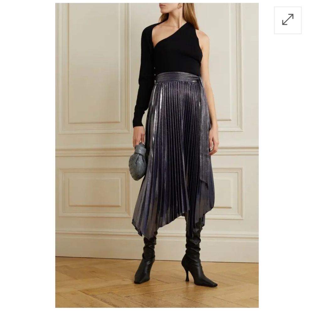 Jonthan Simkhai Anne Belted Asymmetric Plissé-Lamé Midi Skirt